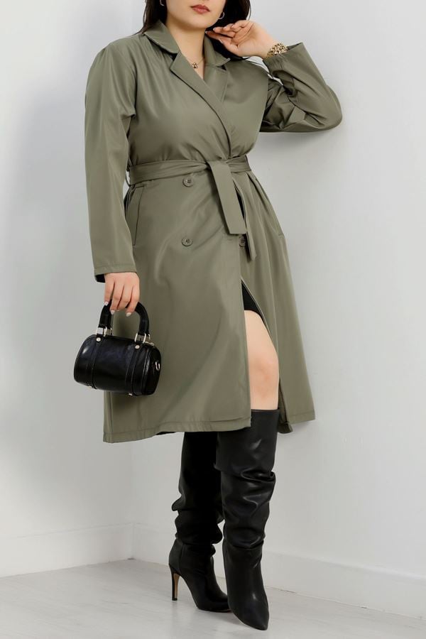 Büyük Beden Astarsız Kuşaklı Trençkot Haki - 31155.147.