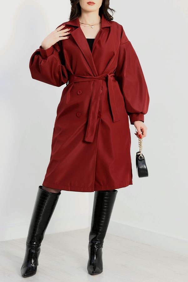 Balon Kol Astarsız Kuşaklı Trençkot Bordo - 31134.147.