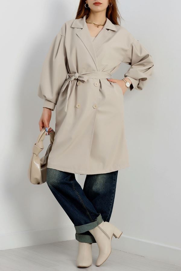 Balon Kol Astarsız Kuşaklı Trençkot Taş - 31134.147.