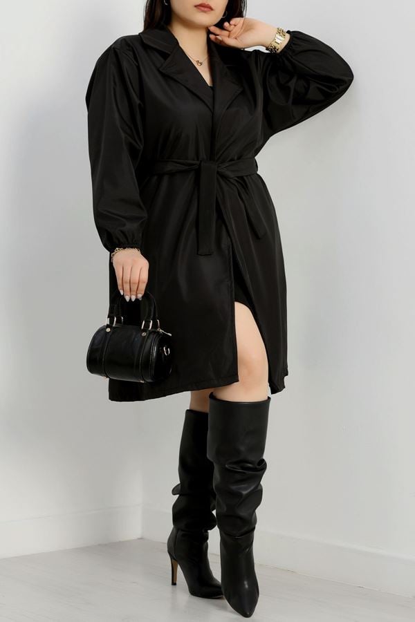 Büyük Beden Kol Lastikli Astarsız Kuşaklı Trençkot Siyah - 31156.147.