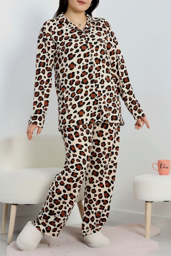 Büyük Beden Soft Milan Düğmeli Pijama Takımı Leopar - 754.1287.