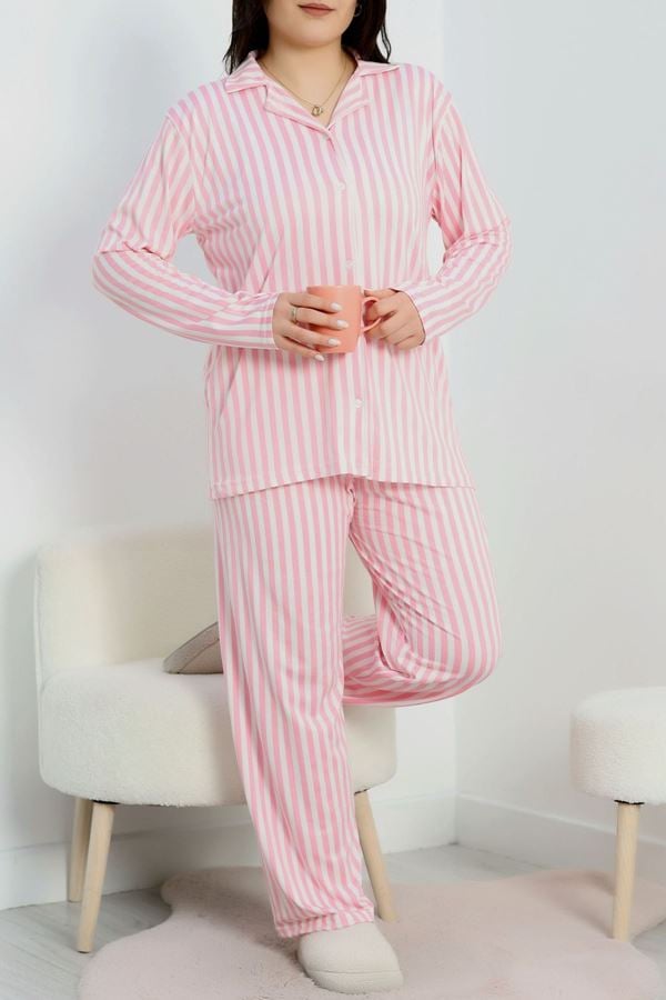 Büyük Beden Soft Milan Düğmeli Pijama Takımı Pembeçizgili - 754.1287.