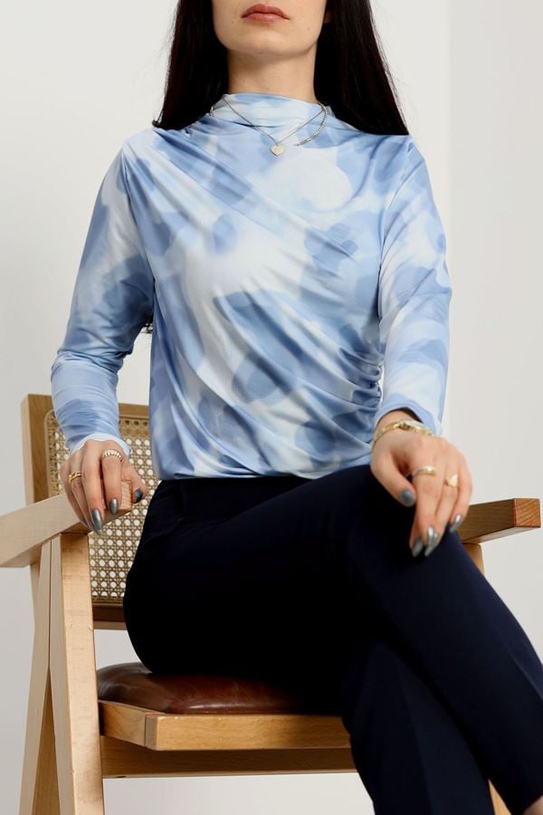 Desenli Dik Yaka Sandy Bluz Mavi - 70752.1949.