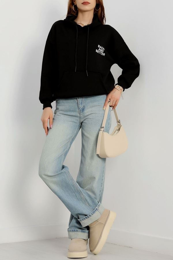 3 İplik Kanguru Cepli Kapşonlu Sweat Siyahbeyaz - 42257.1878.