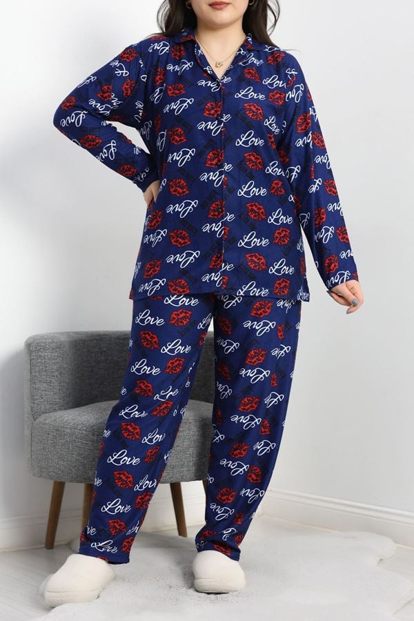 Süet Büyük Beden Düğmeli Pijama Takımı Laci - 51125.1950.