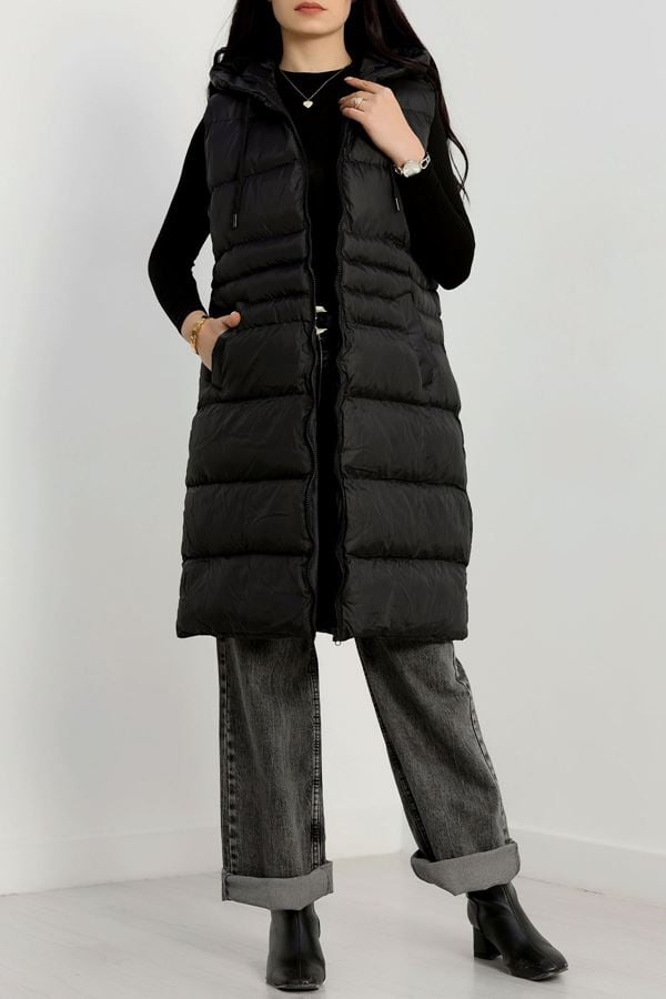 Kapşonlu Uzun Şişme Yelek Siyah - 42326.1988.