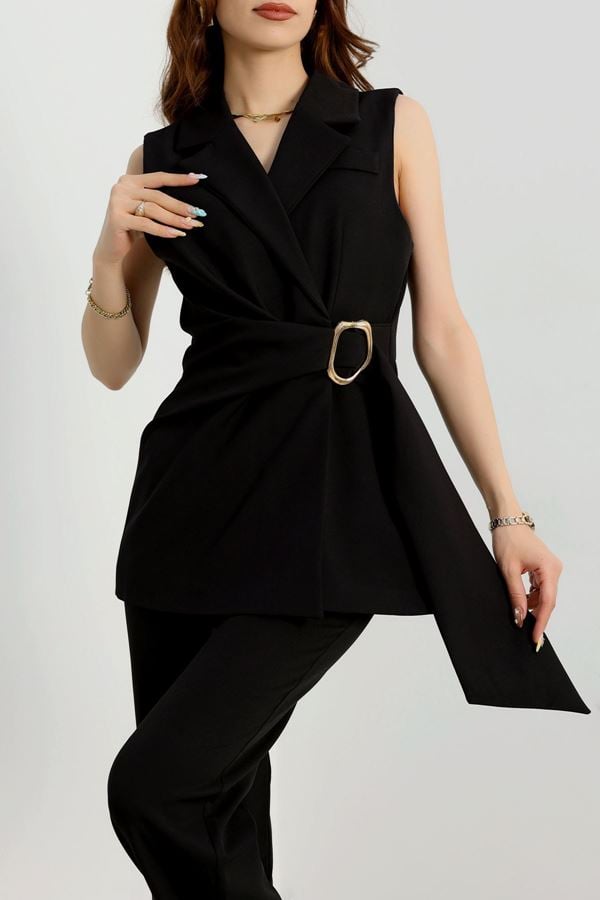 Dabıl Kumaş Bağlamalı Astarlı Yelek Siyah - 31359.1397.