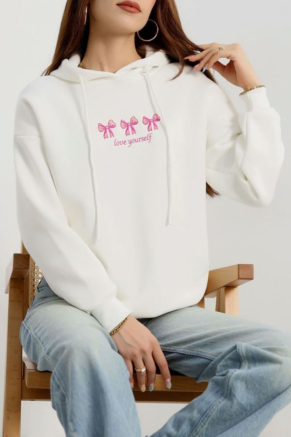 3 İplik Kapşonlu Nakışlı Sweat Ekrupembe - 42219.1878.