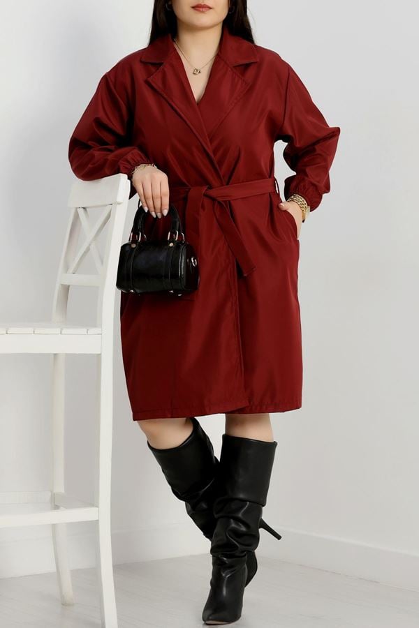 Büyük Beden Kol Lastikli Astarsız Kuşaklı Trençkot Bordo - 31156.147.