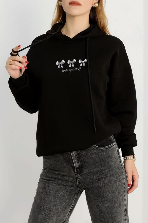 3 İplik Kapşonlu Nakışlı Sweat Siyahbeyaz - 42219.1878.