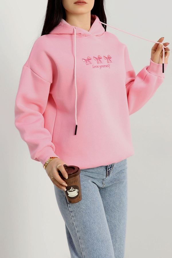 3 İplik Kapşonlu Nakışlı Sweat Pembekoyupembe - 42219.1878.