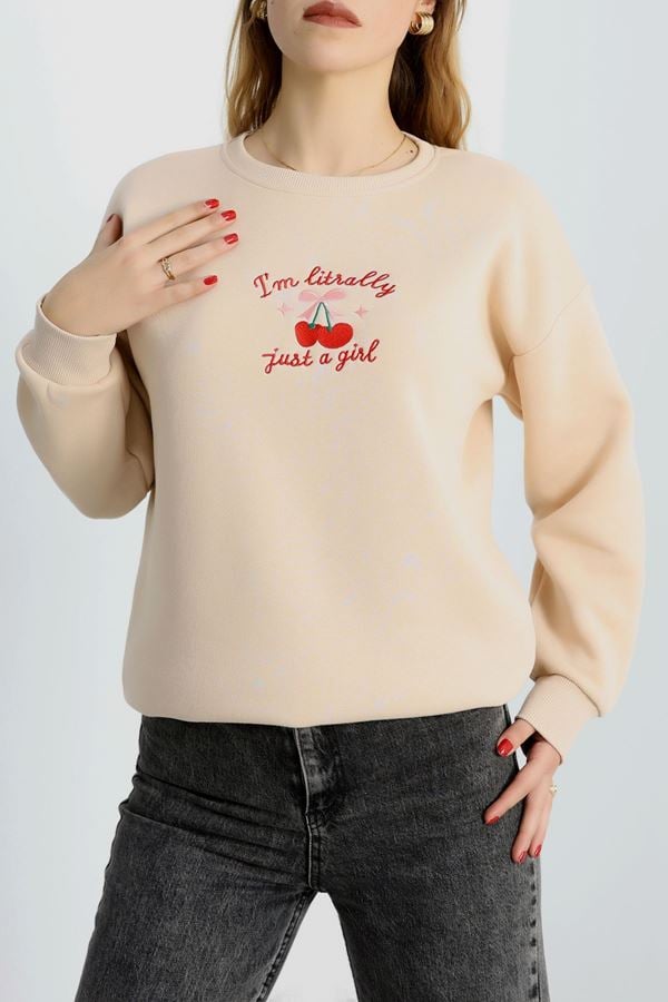 3 İplik Bisiklet Yaka Sweat Bej - 42234.1878.