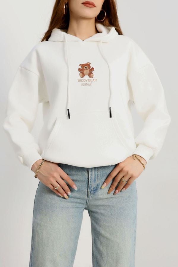 3 İplik Kanguru Cepli Kapşonlu Sweat Beyaz - 42254.1878.