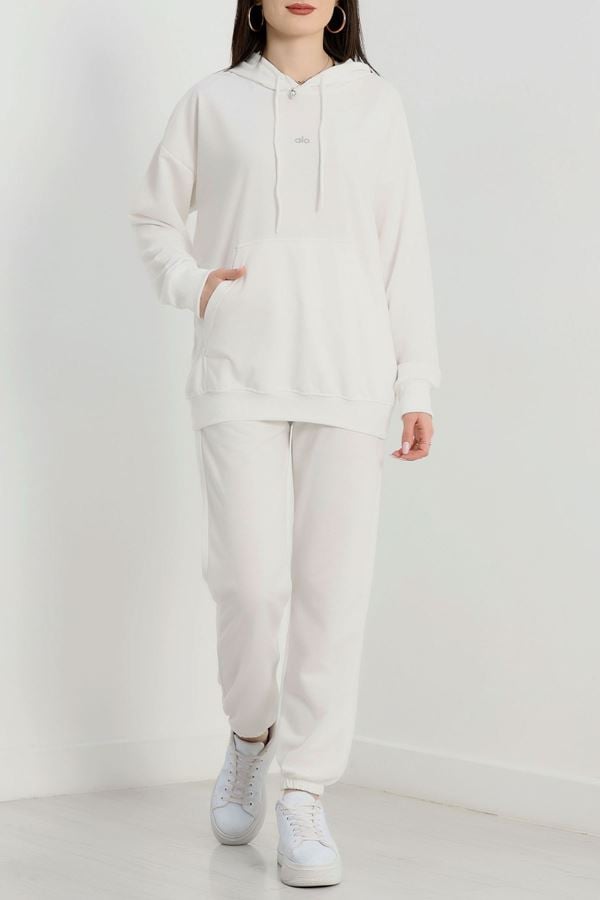 2 İplik Kapşonlu Baskılı Eşofman Takımı Ekru - 31318.1878.