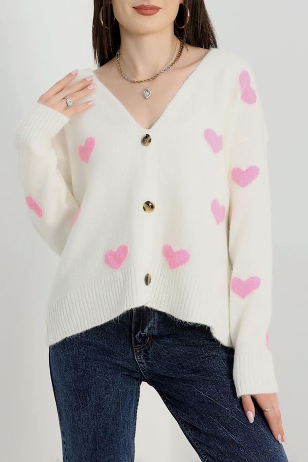 Şardonlu Kalp Desenli Hırka Kemik - 31063.1766.