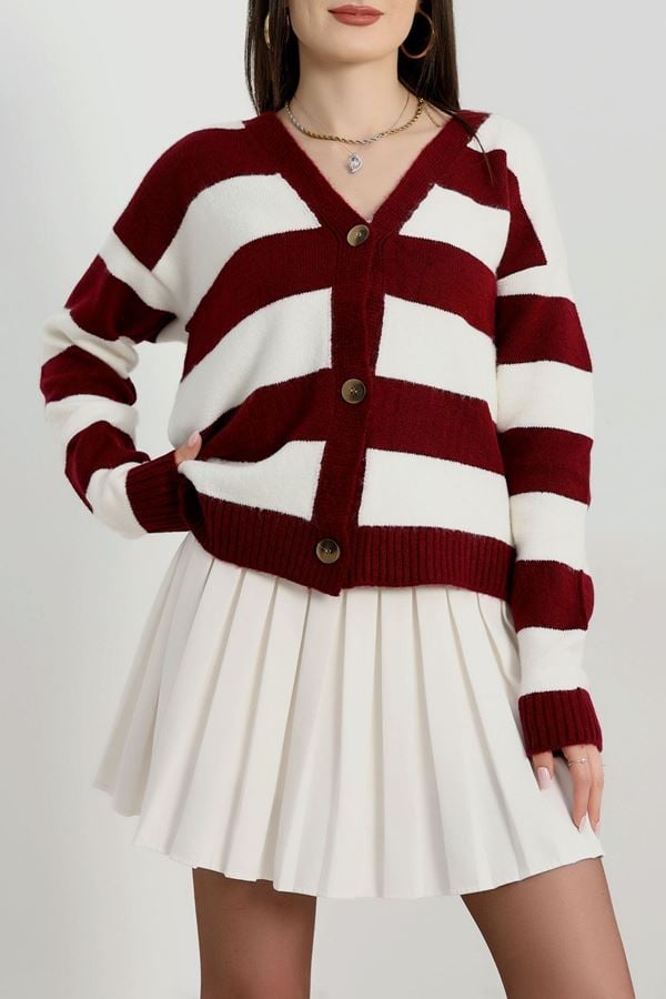 Şardonlu Düğmeli Hırka Bordotaş - 31060.1766.