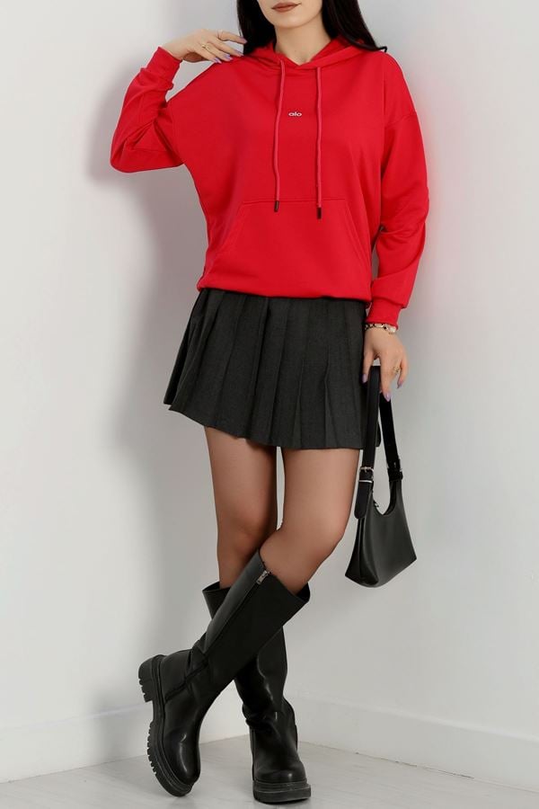 2 İplik Kapşonlu Baskılı Sweatshirt Fuşya - 31315.1878.