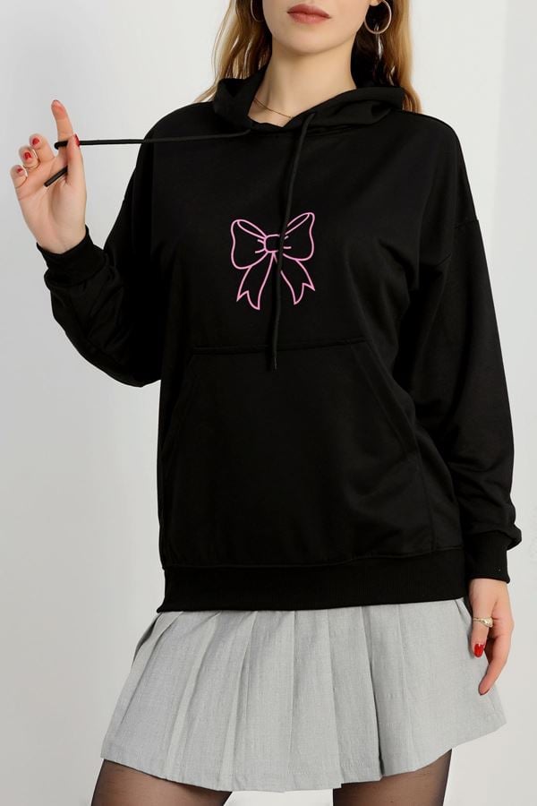 Kapşonlu 2 İplik Baskılı Sweat Siyah - 31304.1878.