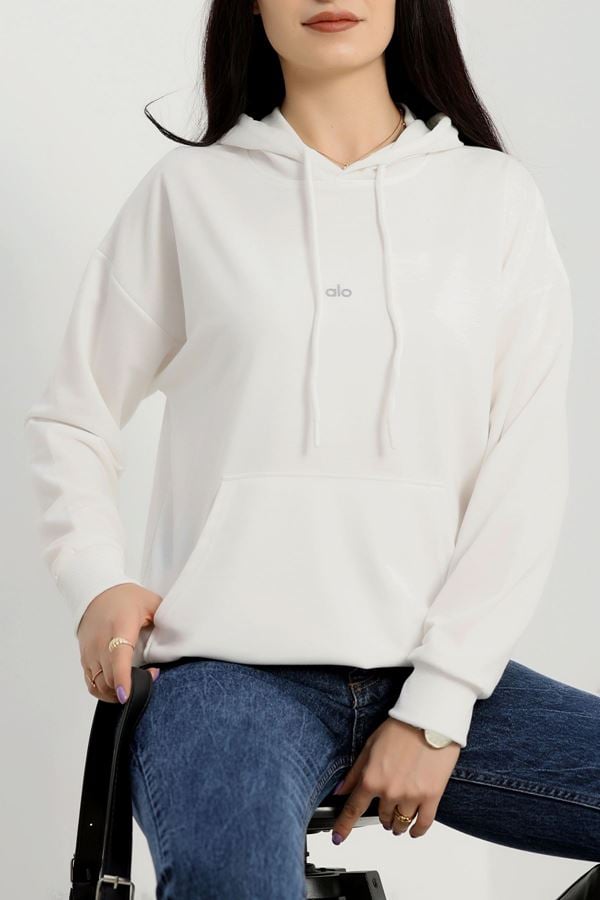 2 İplik Kapşonlu Baskılı Sweatshirt Ekru - 31315.1878.