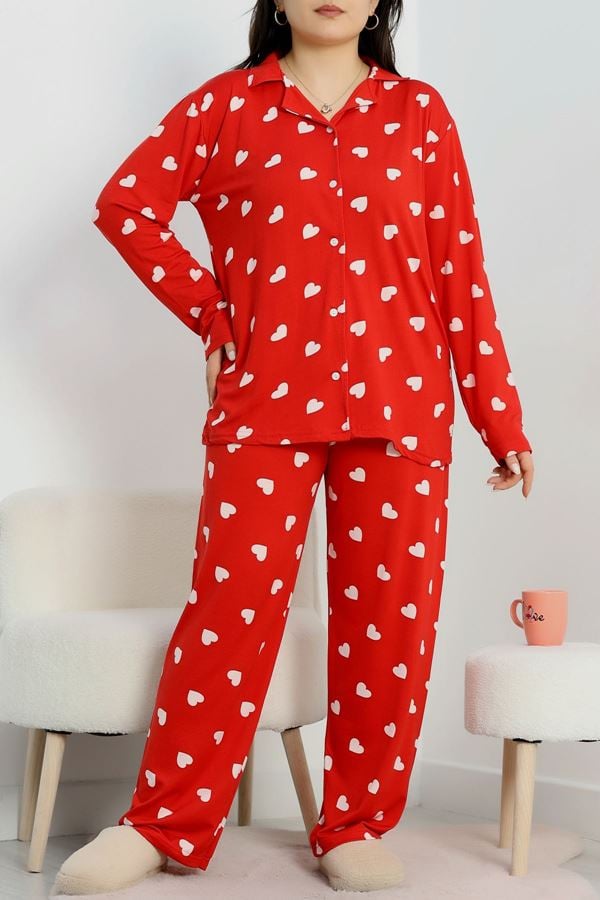 Büyük Beden Soft Milan Düğmeli Pijama Takımı Kırmızı - 754.1287.
