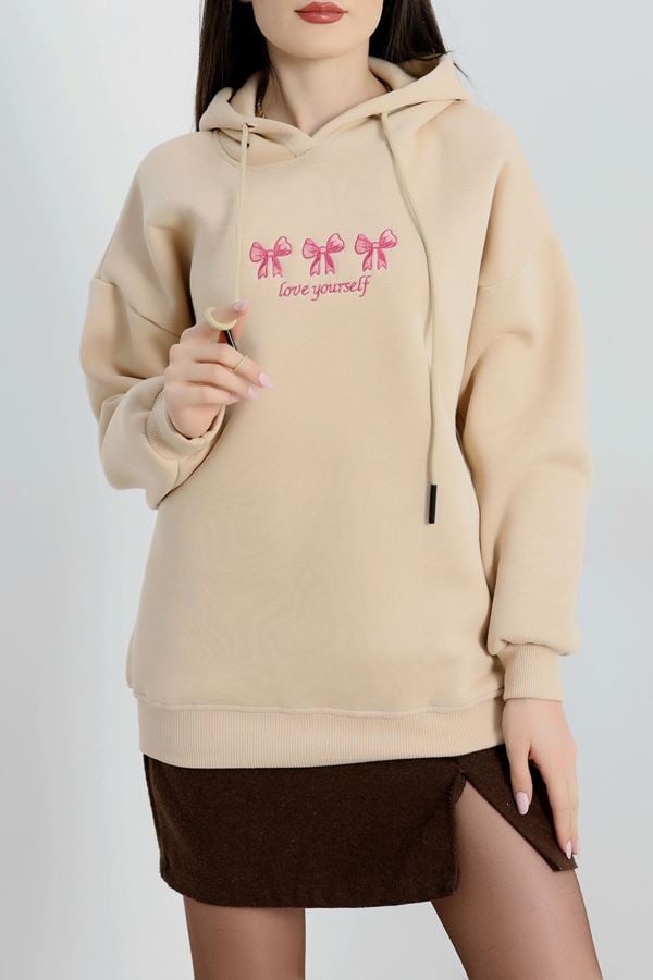 3 İplik Kapşonlu Nakışlı Sweat Bejpembe - 42219.1878.
