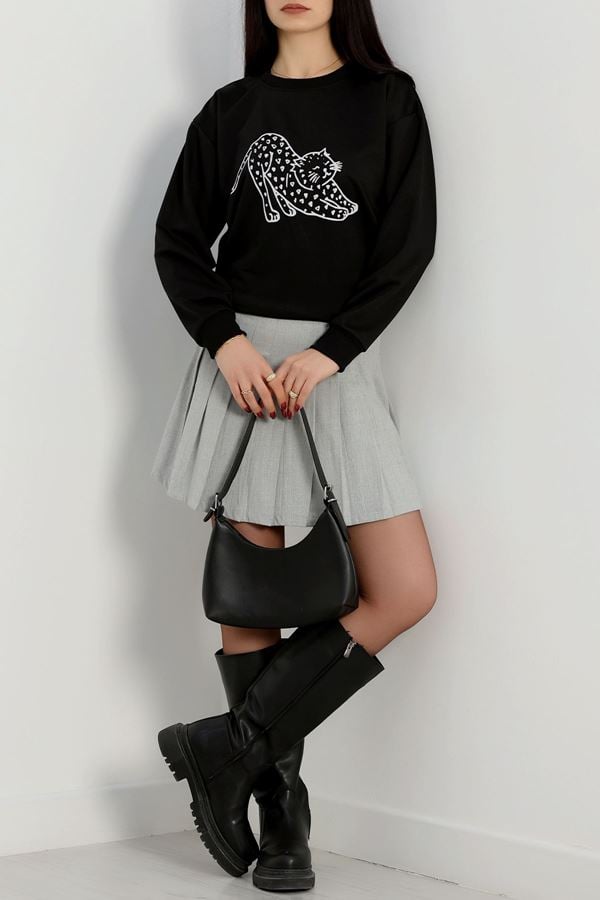 2 İplik Baskılı Sweatshirt Siyahekru - 31302.1878.