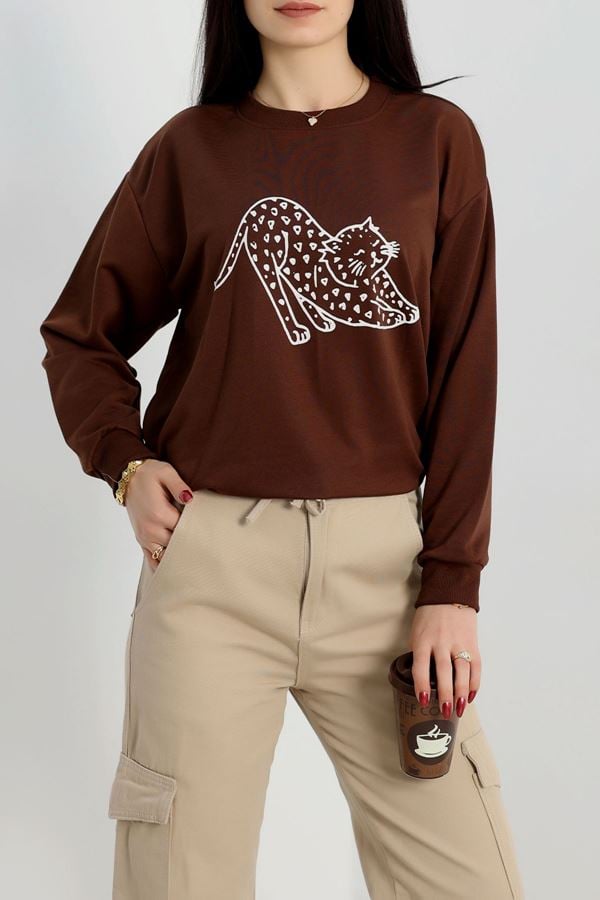 2 İplik Baskılı Sweatshirt Acıkahveekru - 31302.1878.