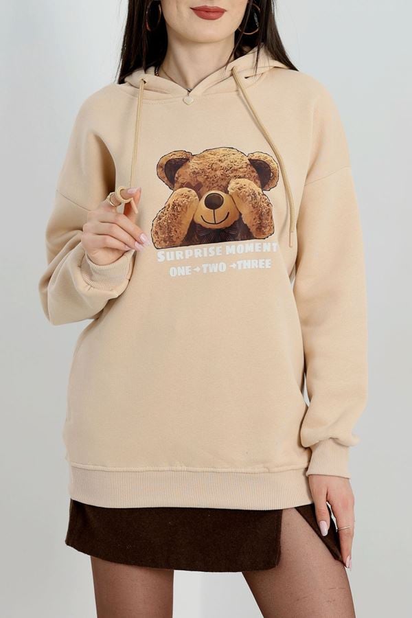 3 İplik Kapşonlu Baskılı Sweat Bej - 42220.1878.