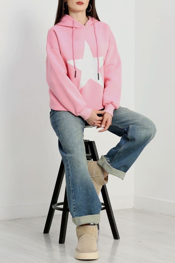 3 İplik Kapşonlu Baskılı Sweat Pembeekru - 42225.1878.