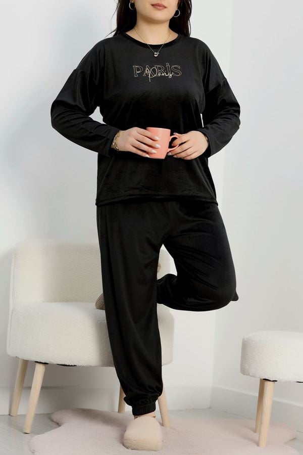 Büyük Beden Likralı Fransız Kadife Pijama Takımı Siyah - 42066.1049.