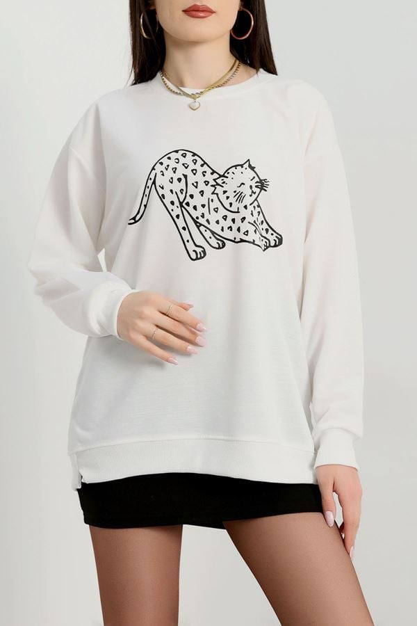 2 İplik Baskılı Sweatshirt Ekrusiyah - 31302.1878.