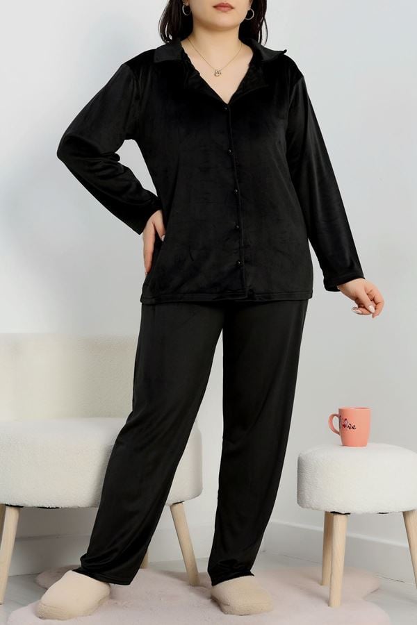 Büyük Beden Likralı Fransız Kadife Pijama Takımı Siyah - 42067.1049.