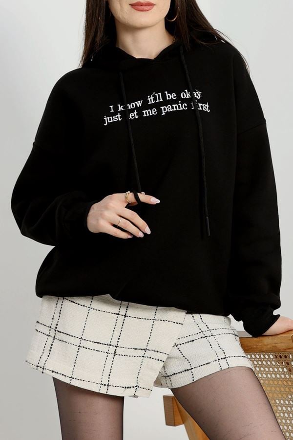 3 İplik Kapşonlu Nakışlı Sweat Siyahbeyaz - 42231.1878.