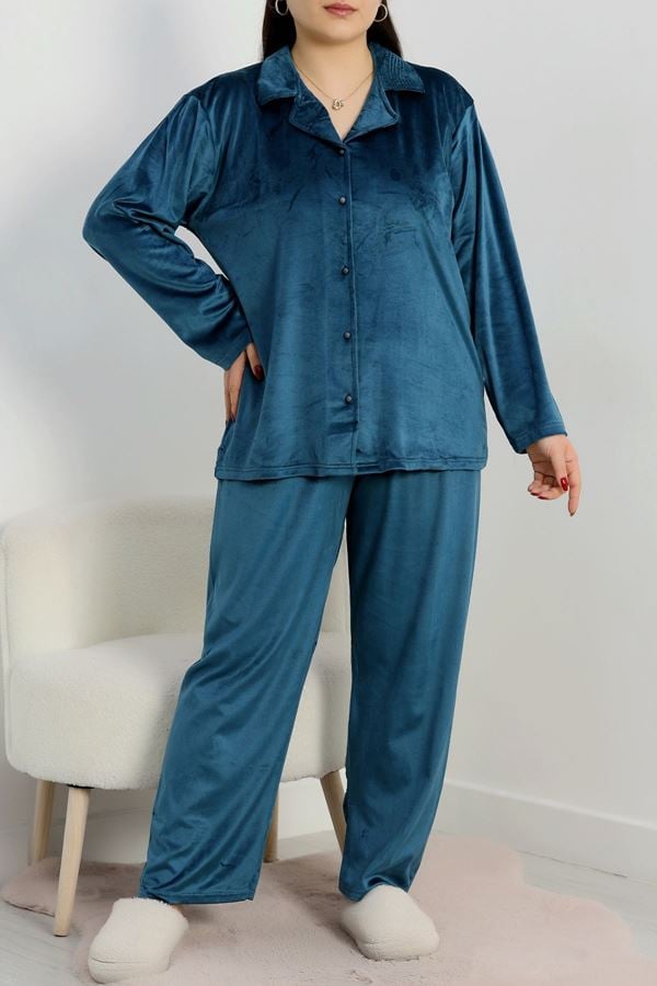 Büyük Beden Likralı Fransız Kadife Pijama Takımı Petrol - 42067.1049.