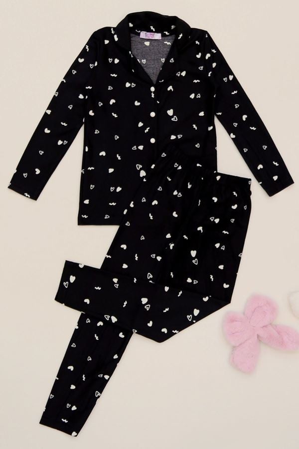 5-12 Yaş Süet Düğmeli Pijama Takımı Siyahbeyaz - 50760.1048.
