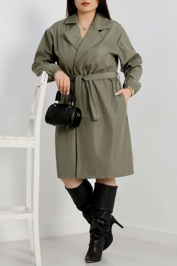 Büyük Beden Kol Lastikli Astarsız Kuşaklı Trençkot Haki - 31156.147.