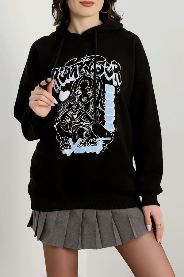 3 İplik Kapşonlu Baskılı Sweat Siyah - 42224.1878.