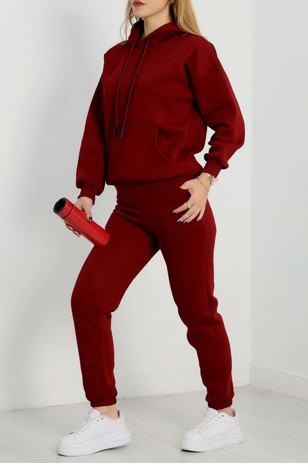 Kapşonlu 3 İplik Eşofman Takımı Bordo - 20965.1878.