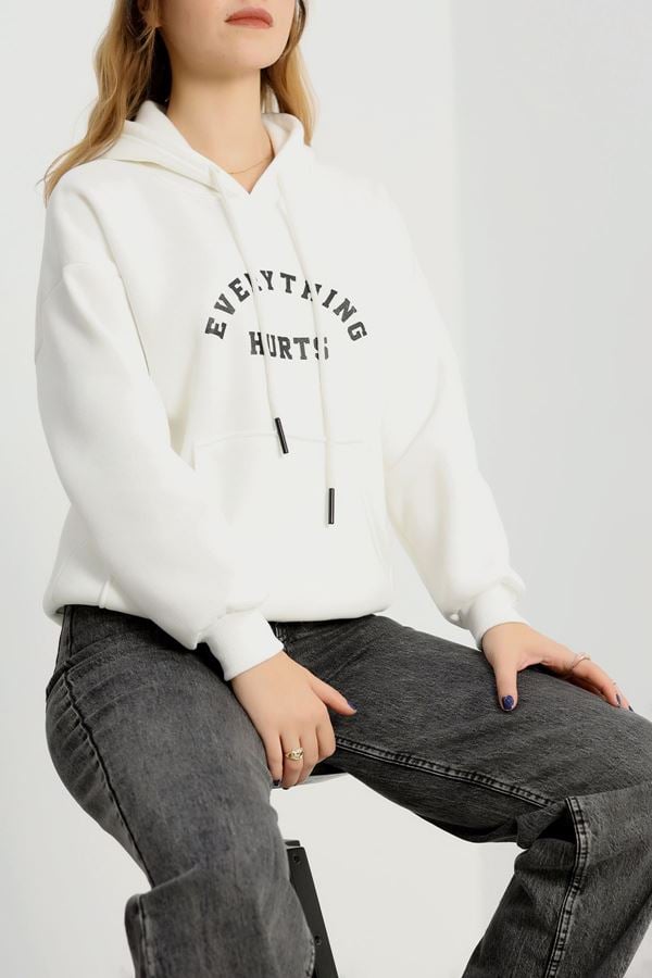 3 İplik Kanguru Cepli Kapşonlu Sweat Beyazsiyah - 42253.1878.