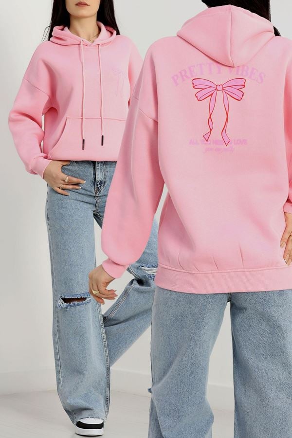 3 İplik Kanguru Cepli Kapşonlu Sweat Pembe - 42255.1878.