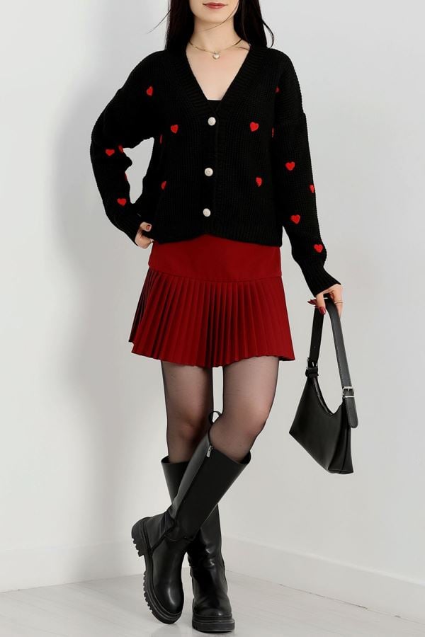 Nakışlı Crop Hırka Siyahkırmızı - 443.1577.