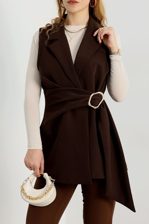 Dabıl Kumaş Bağlamalı Astarlı Yelek Acıkahve - 31359.1397.