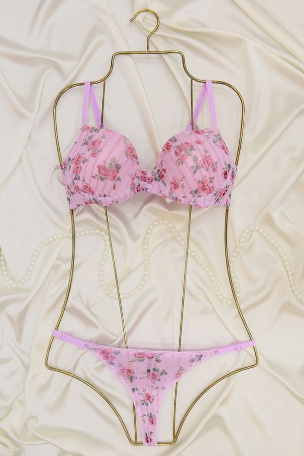 Çiçek Baskılı Dikine Flok Çizgili Takım Boş Pembe - 2565-B.1783.