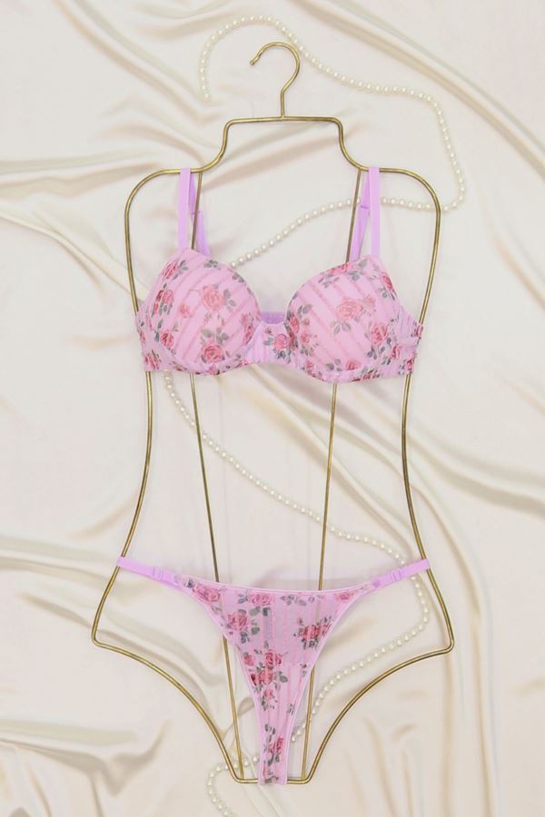 Çiçek Baskılı Dikine Flok Çizgili Takım Dolu Lila - 2565.1783.