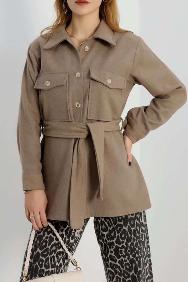 Çift Cepli Kuşaklı Tunik Gömlek Vizon - 70991.1775.