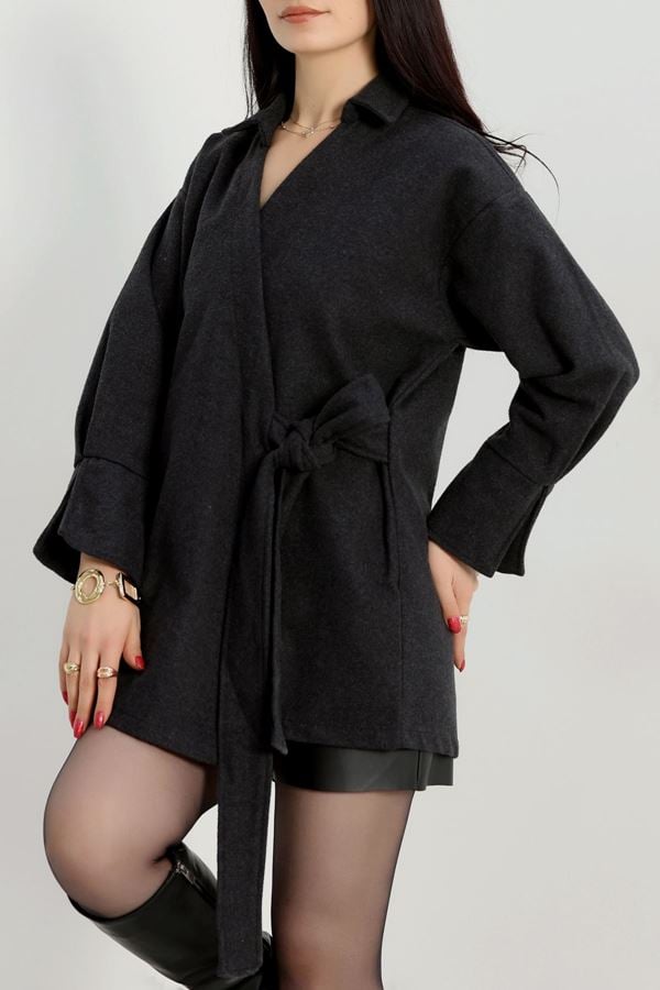 Bağlamalı Kruvaze Yaka Kaşe Ceket Füme - 70993.1775.
