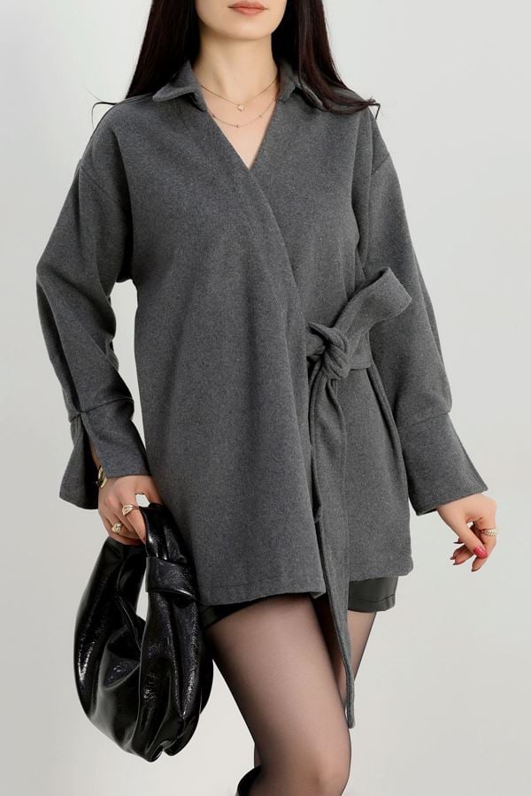 Bağlamalı Kruvaze Yaka Kaşe Ceket Antrasit - 70993.1775.