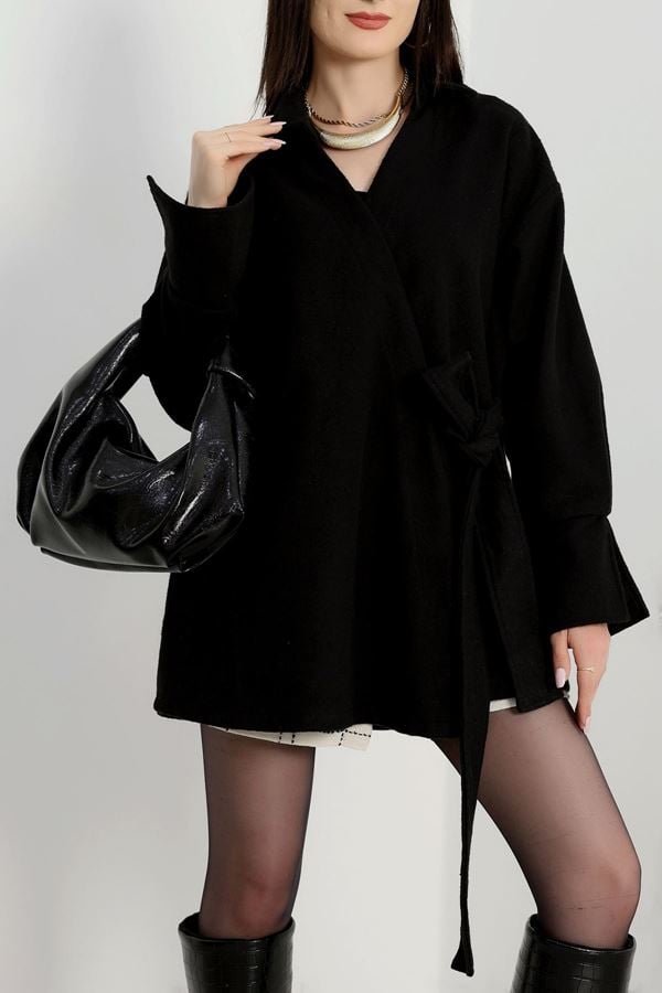 Bağlamalı Kruvaze Yaka Kaşe Ceket Siyah - 70993.1775.