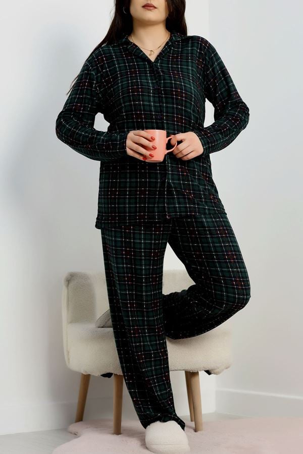 Büyük Beden Süet Düğmeli Pijama Takımı Yeşilekose - 455.1287.