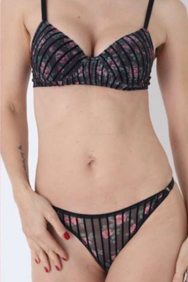 Çiçek Baskılı Dikine Flok Çizgili Takım Dolu Siyah - 2565.1783.